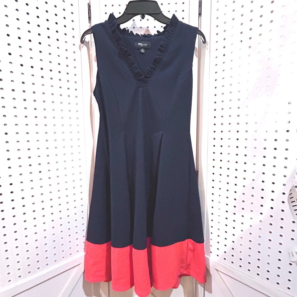 FN Studio Navy Coral Ruffle V Neck Sleeveless Fit Flare Dress Women Size‎ 4